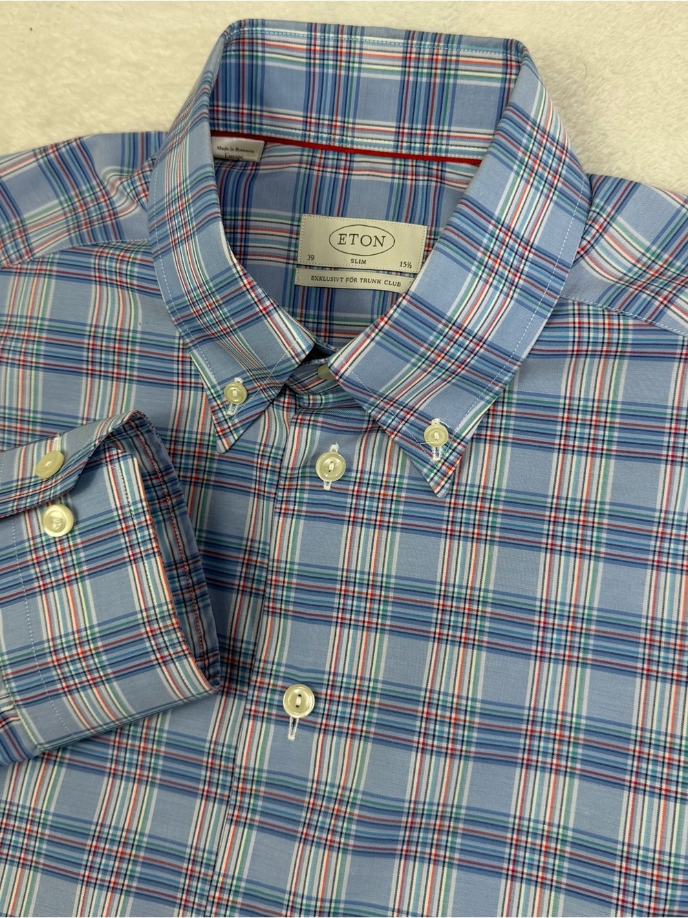 Eton Sweden Slim Blue Plaid Button Down Cotton Shirt 39 15.5